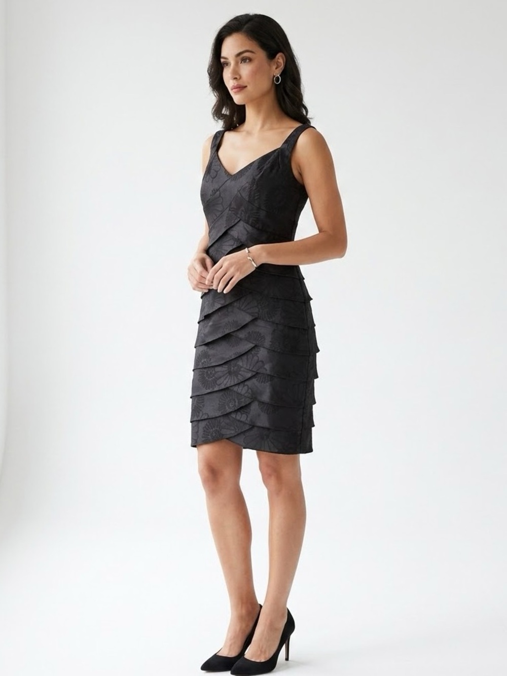 London Times Black Floral Jacquard Tiered Cocktail Dress | Size 10